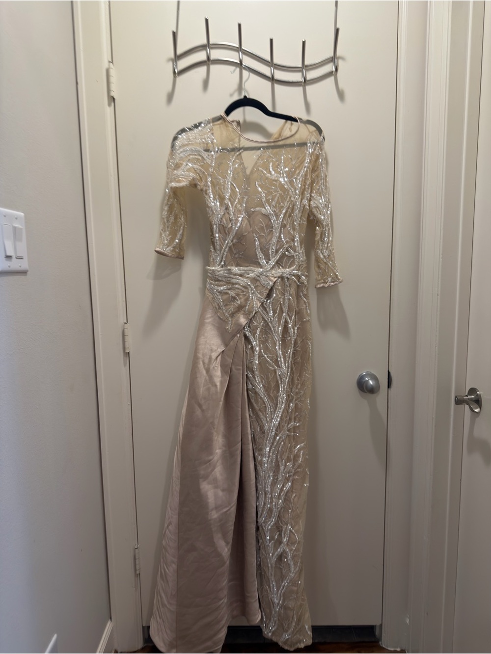 Teri Jon Champagne and Silver Beaded Gown size 6